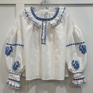 Avantlook White Blouse with Blue Embroidered Details